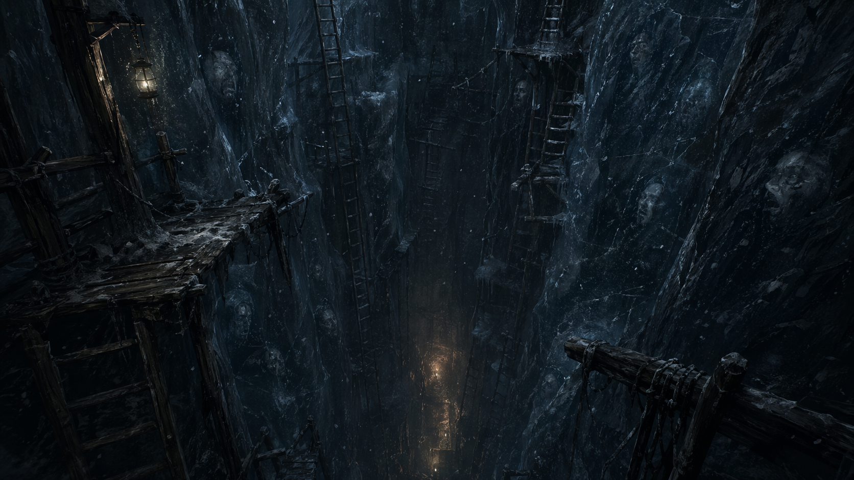 A laddered shaft descending into black ice