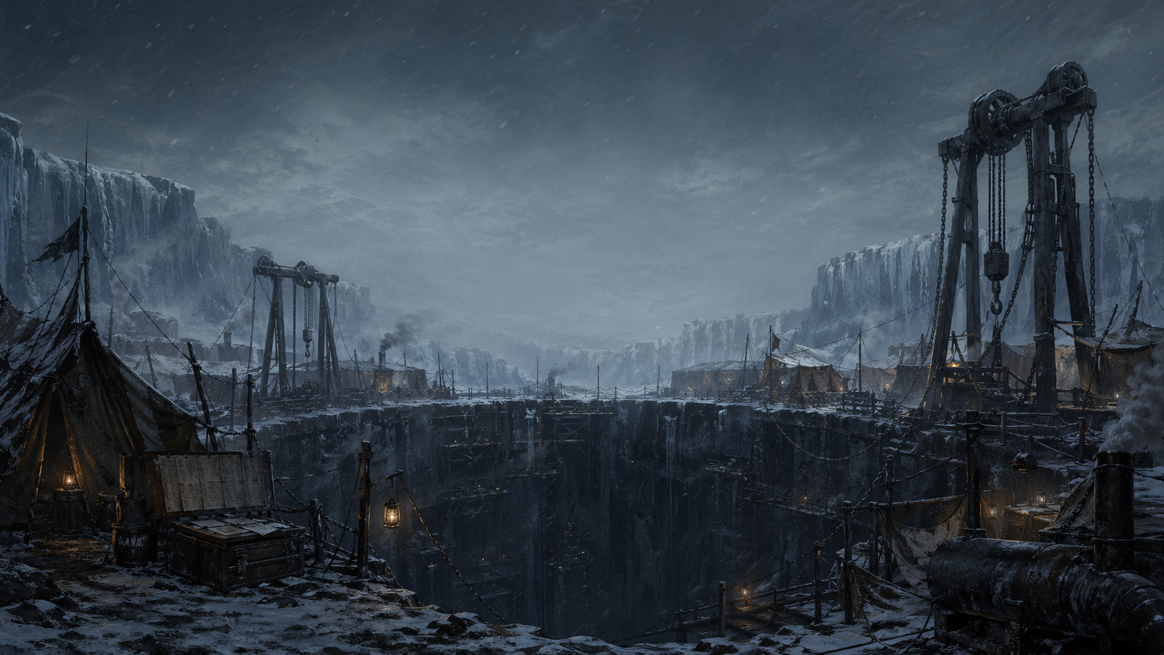 The bore camp surrounding a vast frozen shaft